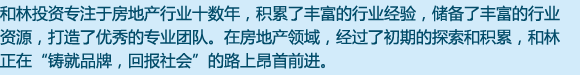 和林投資專于房地產行業十數年，積累了豐富的行業經驗，儲備了豐富的行業資源，打造了優秀的專業團隊。在房地產領域，經過了初期的探索和積累，和林目前正在“鑄就品牌，回報社會”的路上昂首前行。